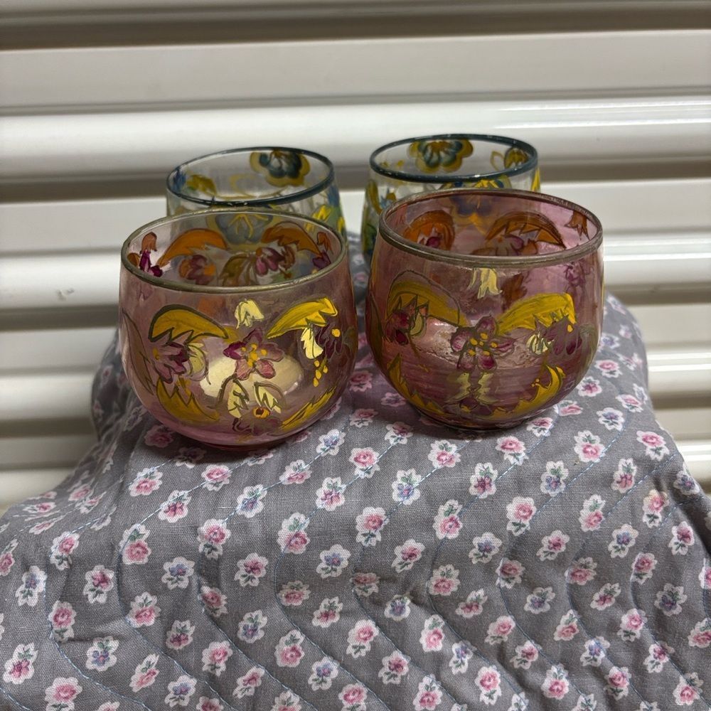 Hand-Painted Floral Glass Votive Candle Holders — Set of 4, Pink and Yellow